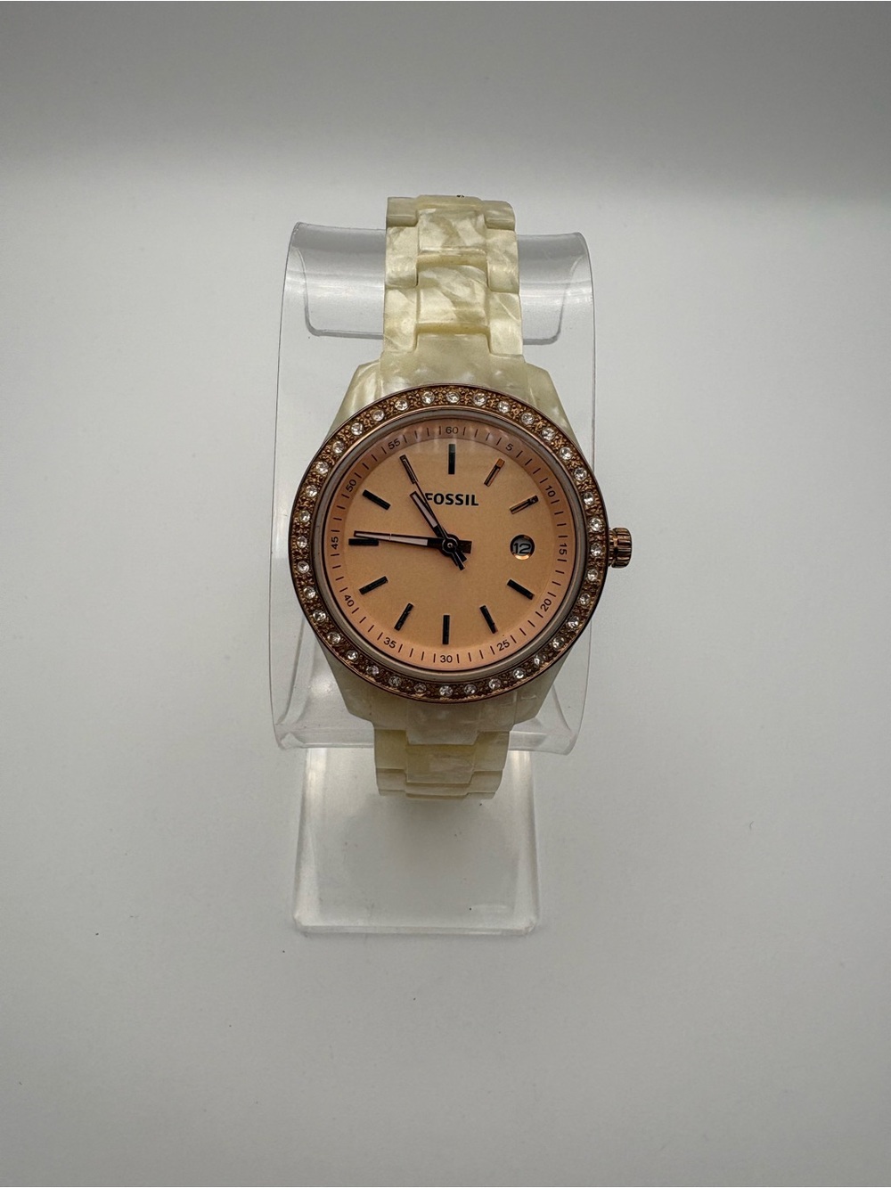 Fossil Women's โStellaโ ES-2864 Pearl Resin Watchโ Rose Gold Date Dial